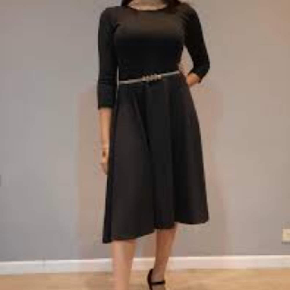 Women's Modest Mock Neck 3/4 Sleeves Black Midi Dress Small
